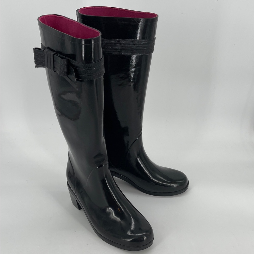 kate spade Randi Tall Black Glossy Heeled Rain Boots with Fuchsia Lining Size 9